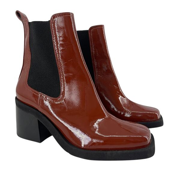Gianni Bini Banks Crinkle Patent Double Gore Square Toe Booties Size 7.5 Brown - Picture 1 of 11